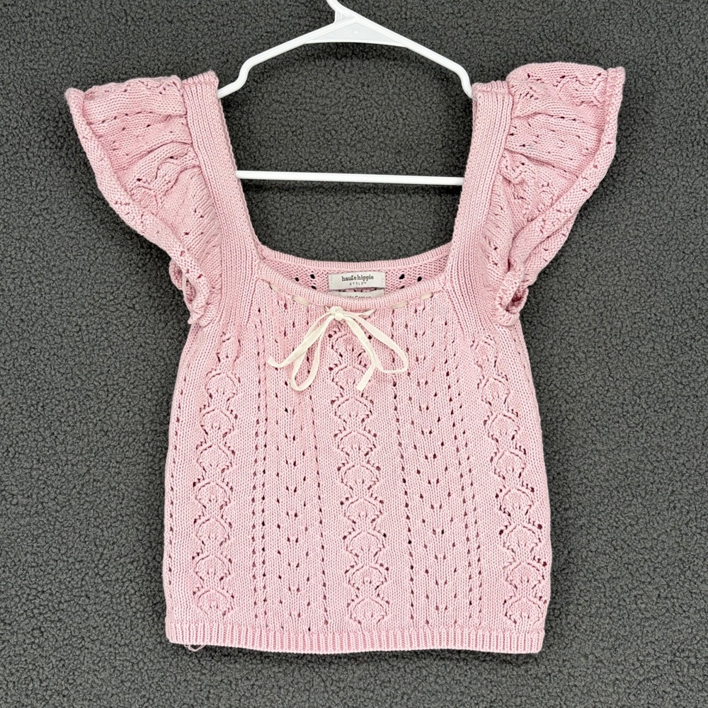 Haute Hippie Style Pink Cotton Pointelle Knit Ruffle Sleeve Top XS RN75343